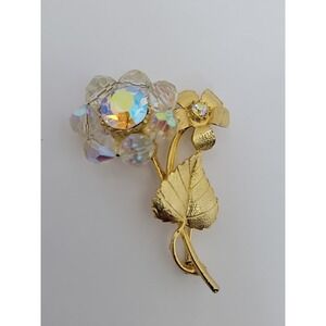 Vintage Flowers on Stem Leaf Etched Aurora Rhinestones Vintage Gold Brooch‎ Pin